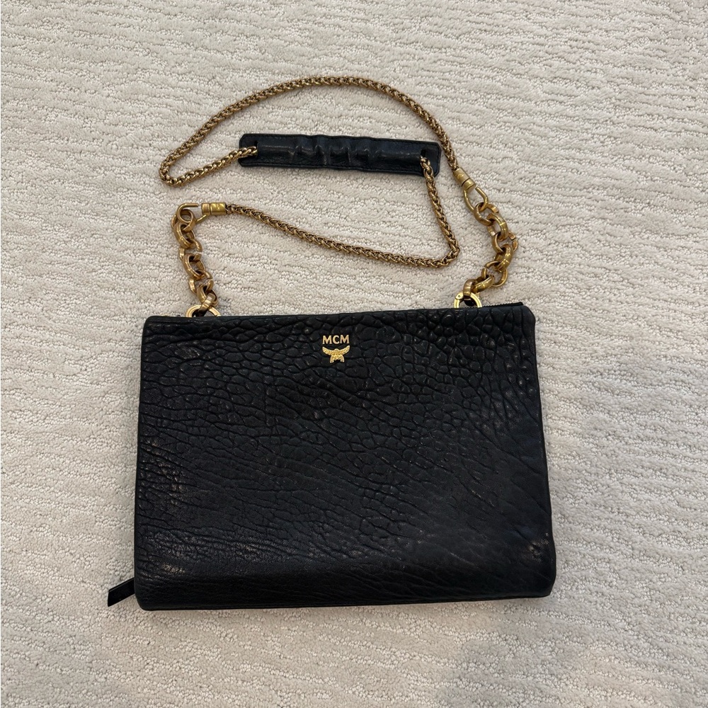 MCM Textured Leather Fold Over Clutch Crossbody with Chain Strap